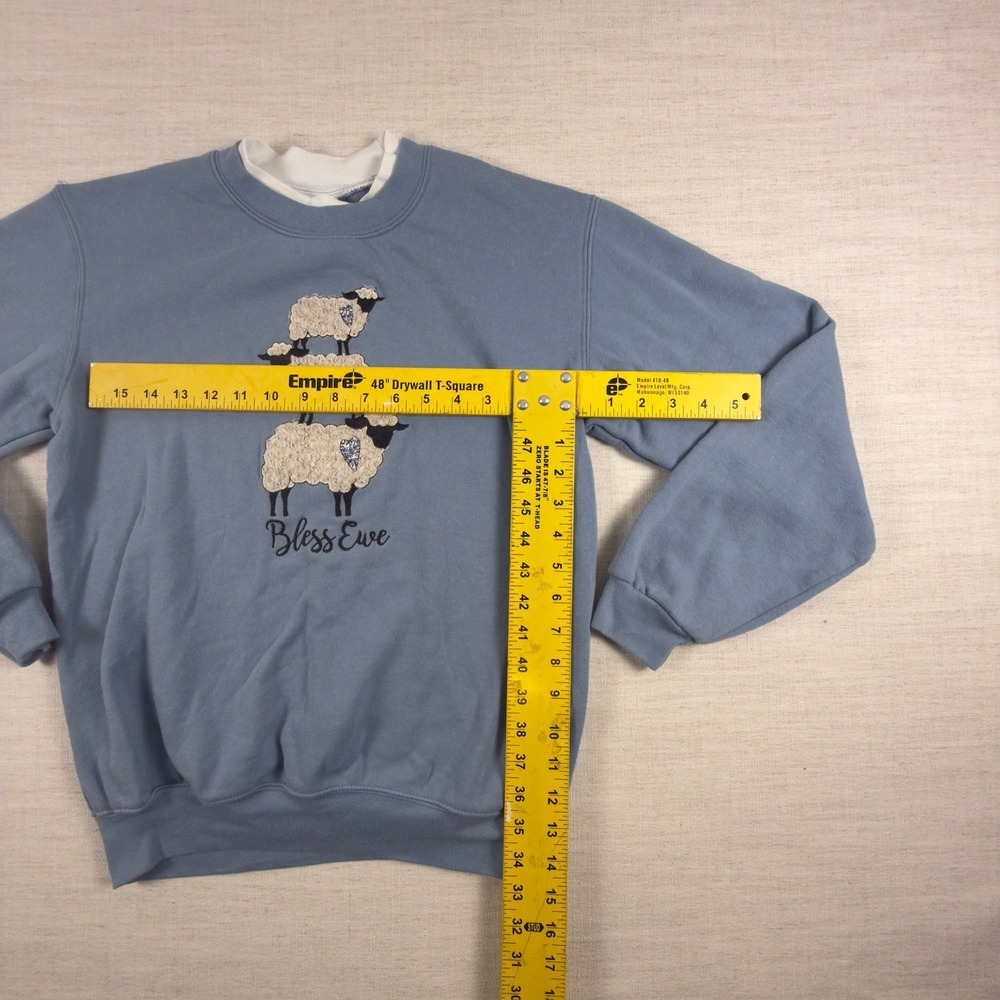 Morning Sun‎ Vintage Bless Ewe Sheep Stack Sweatshirt Blue Small Grandma Chic - Picture 5 of 9